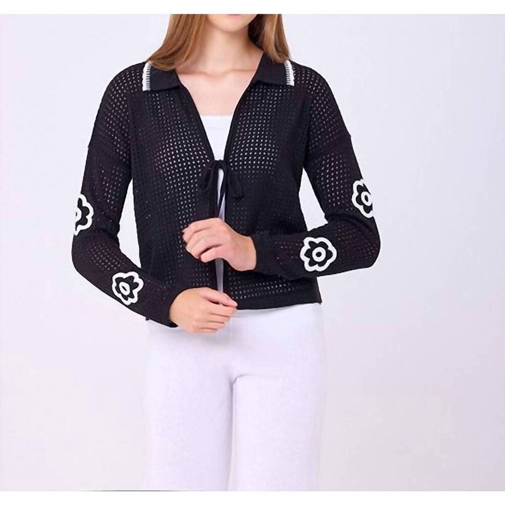 NEW FRENCH KYSS flower collared tie cardigan in black/white
